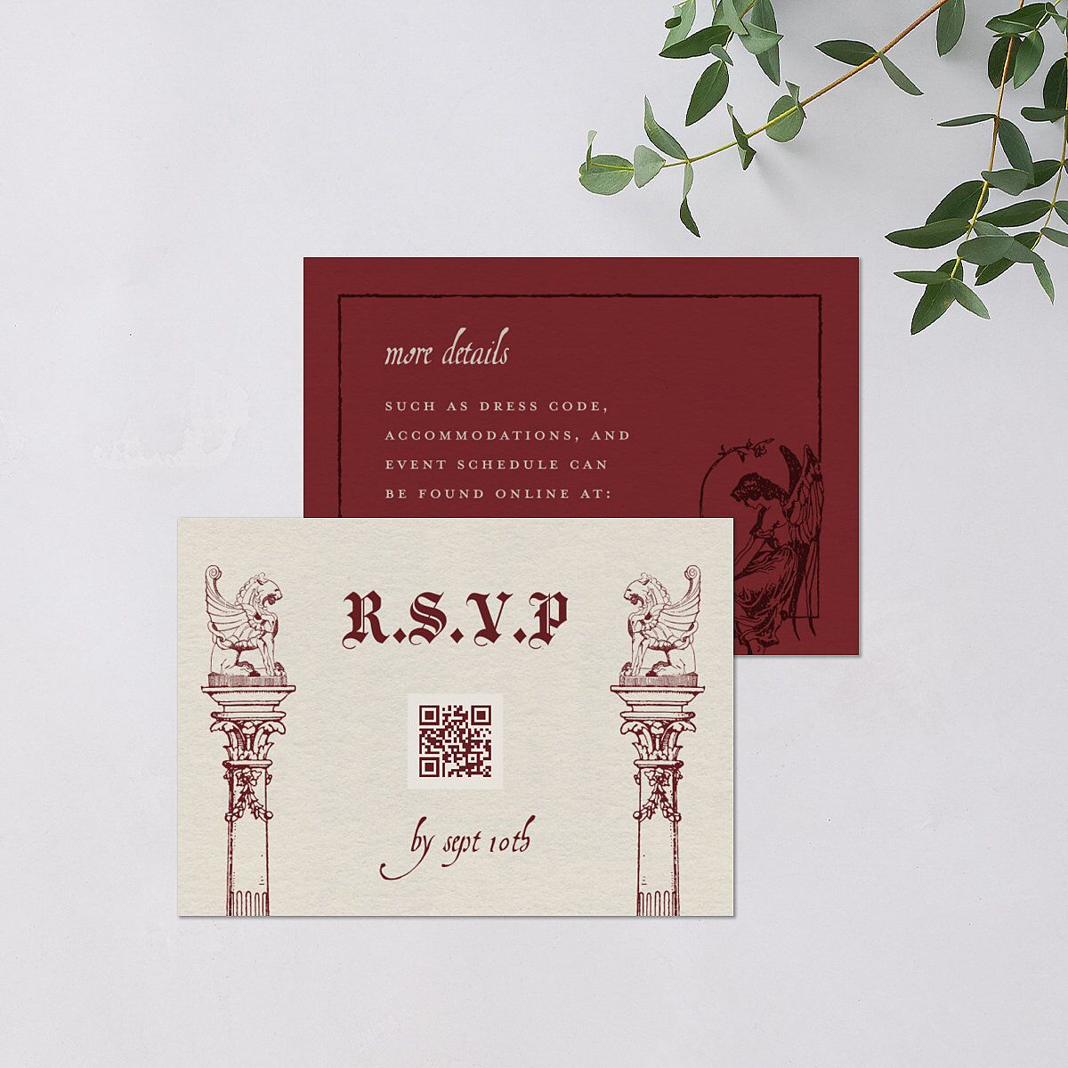Gothic Medieval Arch QR Code RSVP Cards Burgundy Signature Standard