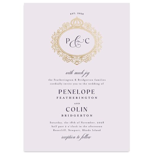 Glamorous Crown Monogram Crest Wedding Invitations by Bridgerton Gold Sheer Lilac Signature Blank No