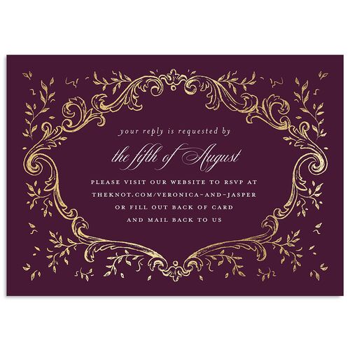 Formal Opulent Frame Wedding Response Cards Bordeaux Gold Signature