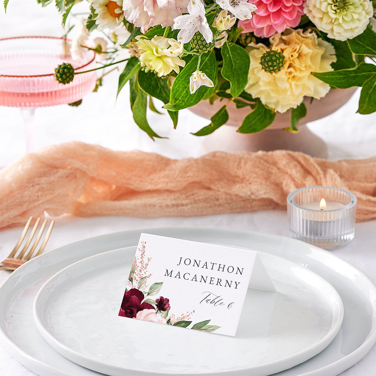 Beloved Floral Foil Place Cards Rose Gold Dark Berry Signature