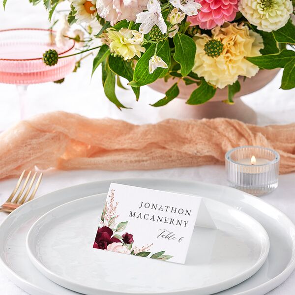 Beloved Floral Foil Place Cards Rose Gold Dark Berry Signature