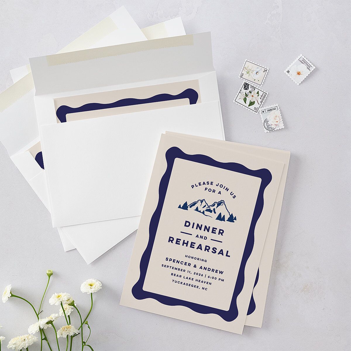 Adventure Icon Rehearsal Dinner Invitations Navy Signature Blank Standard