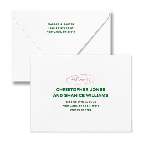 Whimsically Retro Handwritten Note Save the Date Petite Card Euro Envelopes Kelly Green White Both Recipient and Return Addresses Luxe Signature