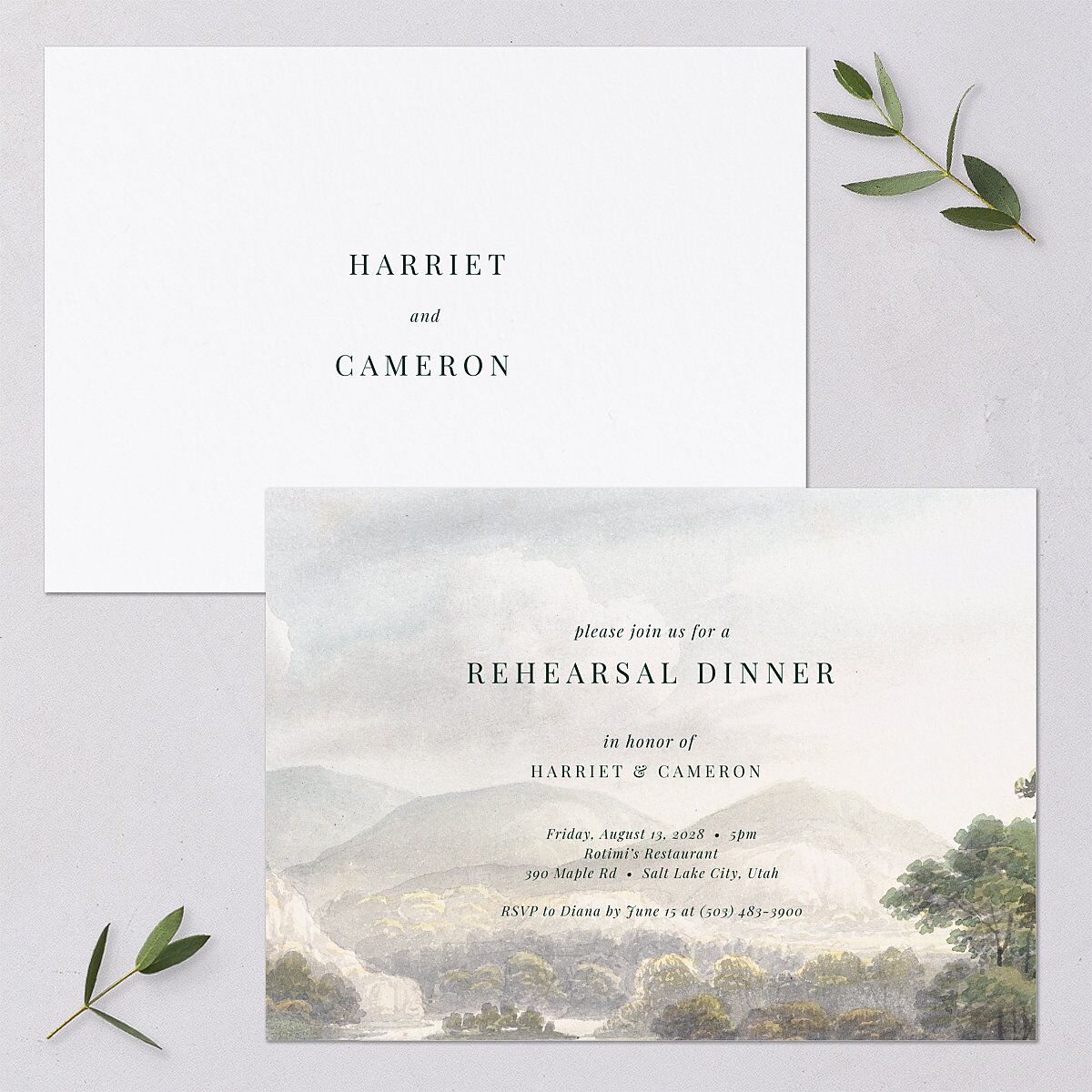 Vintage Landscape Rehearsal Dinner Invitations Dark Green Signature Blank