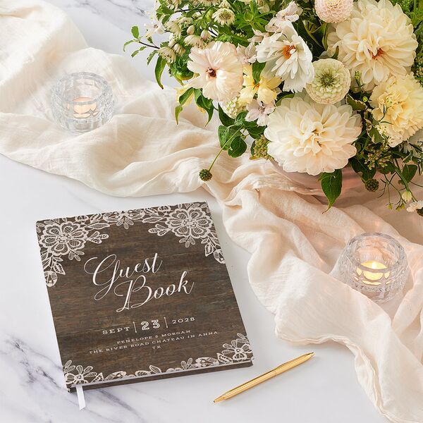 Woodgrain Lace Wedding Guest Book Falcon