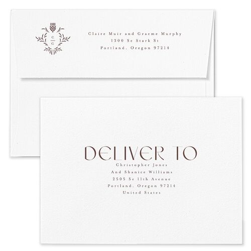 Tartan Crest Wedding Invitation Envelopes White Fawn Return Address Standard Signature