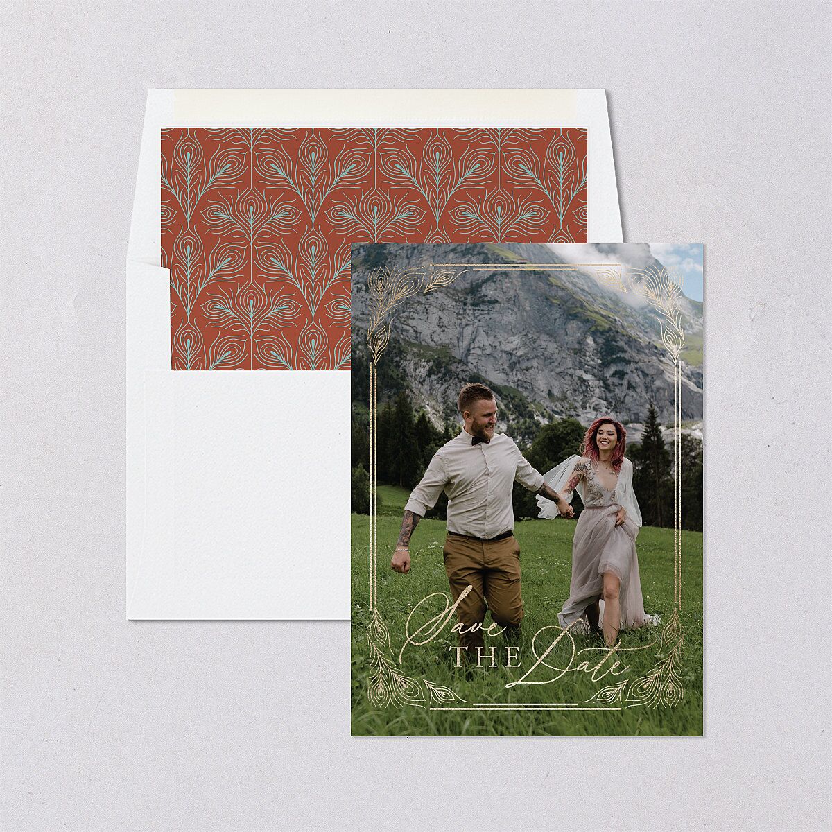 Peacock Nouveau Save The Date Cards Gold Tan Signature smooth Blank No Standard