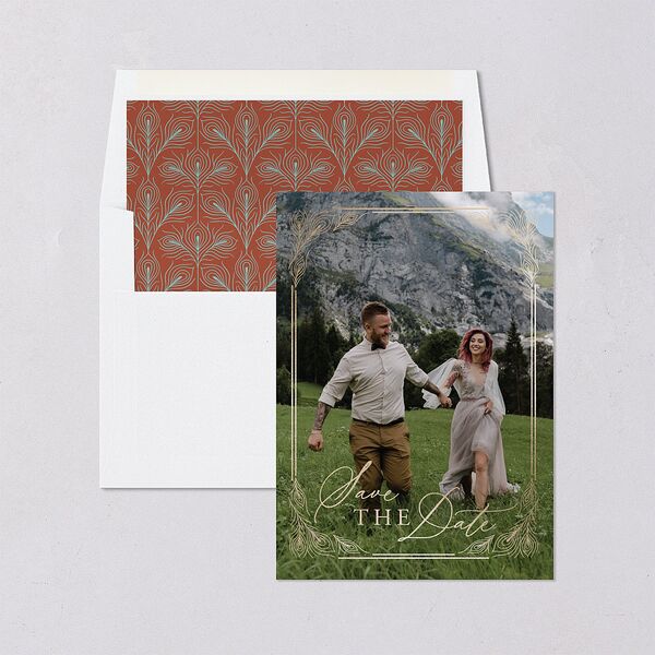 Peacock Nouveau Save The Date Cards Gold Tan Signature smooth Blank No Standard
