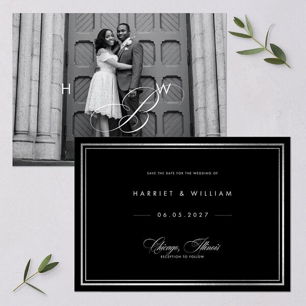 Polished Frame Save The Date Cards Silver Licorice Signature smooth Blank No