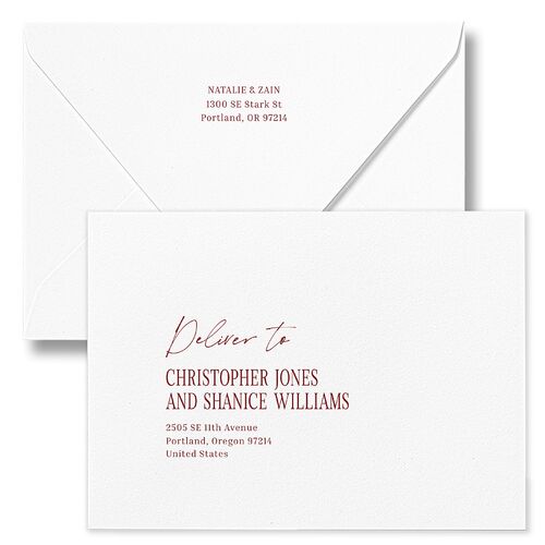 Vintage Film Reel Photo Strip Save The Date Card Euro Envelopes Burgundy White Return Address Luxe Signature