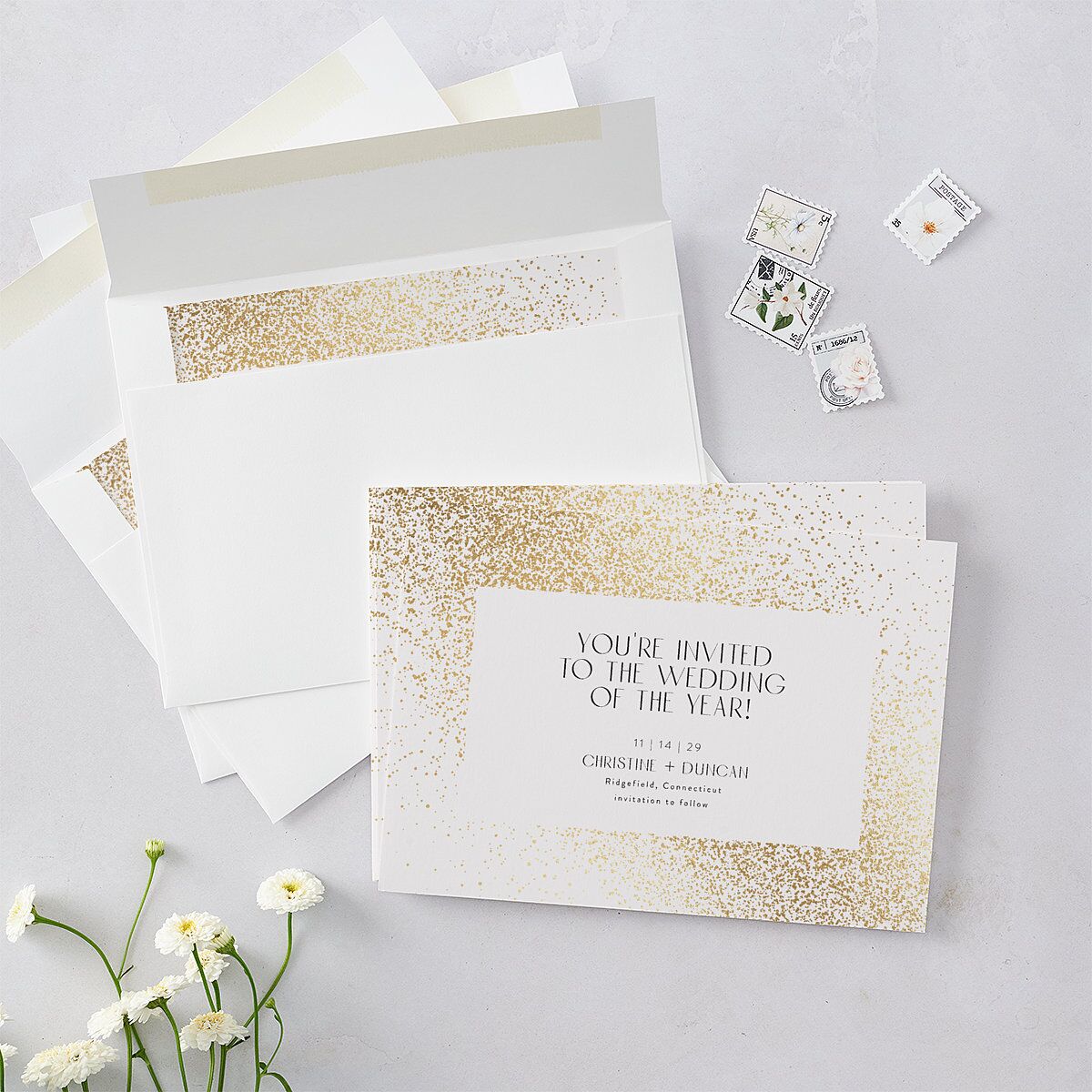 Shimmering Frame Save The Date Cards Gold Off-White Signature smooth Blank No Standard