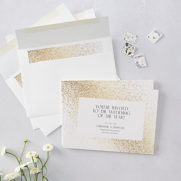 Shimmering Frame Save The Date Cards Gold Off-White Signature smooth Blank No Standard