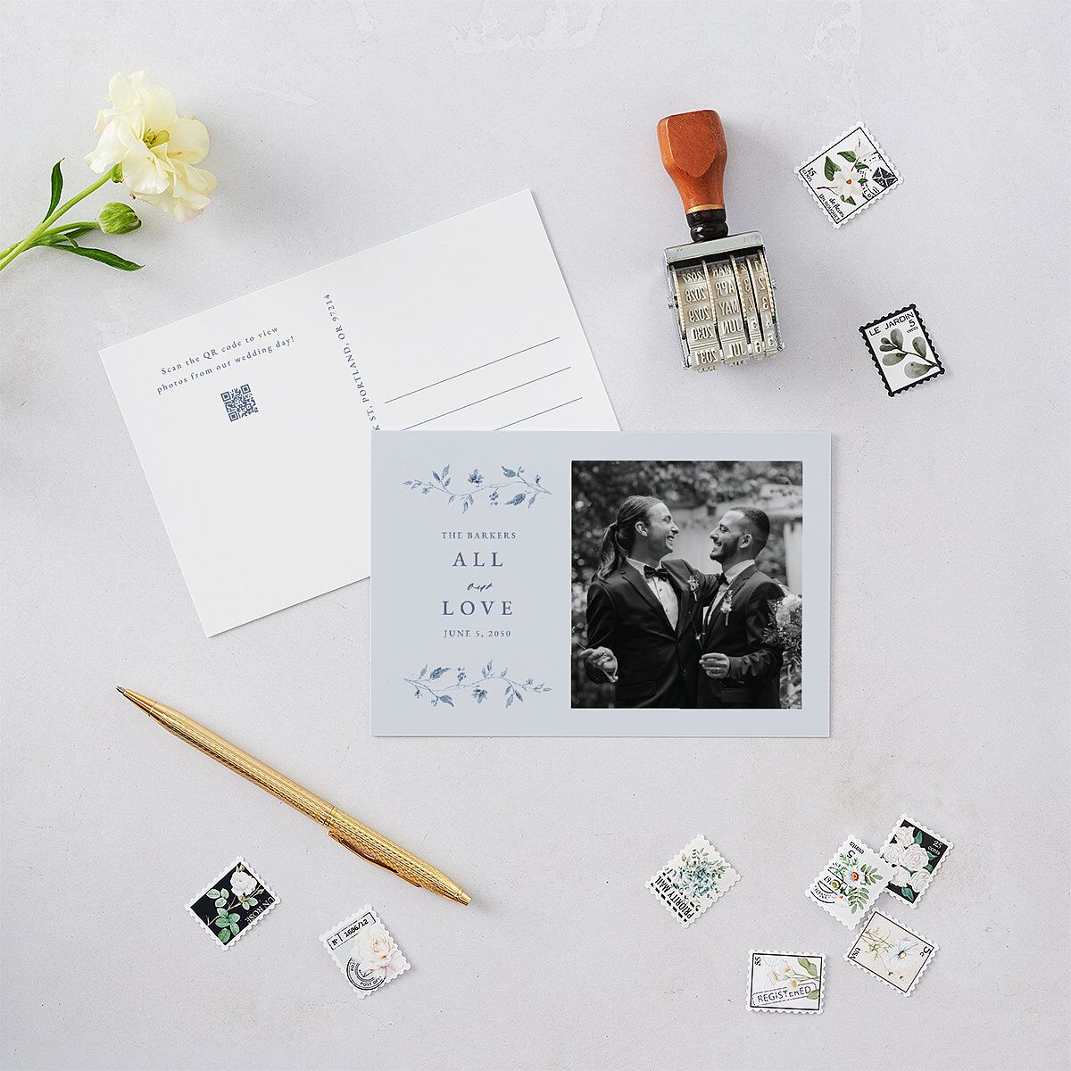 Timeless Floral Photo Thank You Postcards Dusty Blue