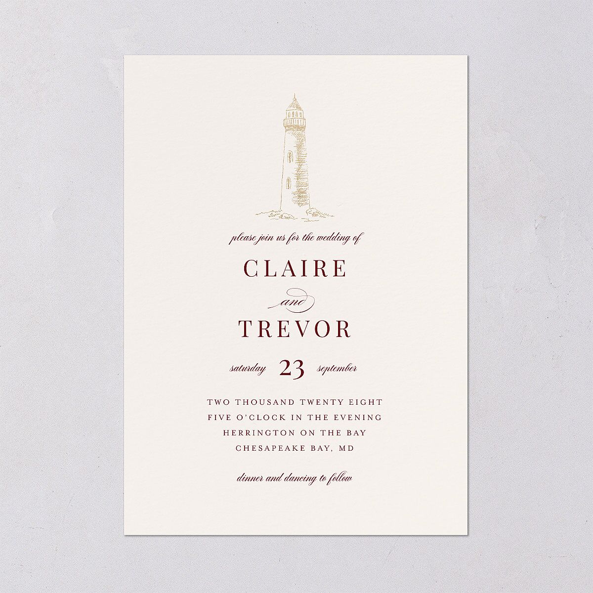 Elegant Lighthouse Foil Wedding Invitations Gold Maroon Signature Blank No Standard