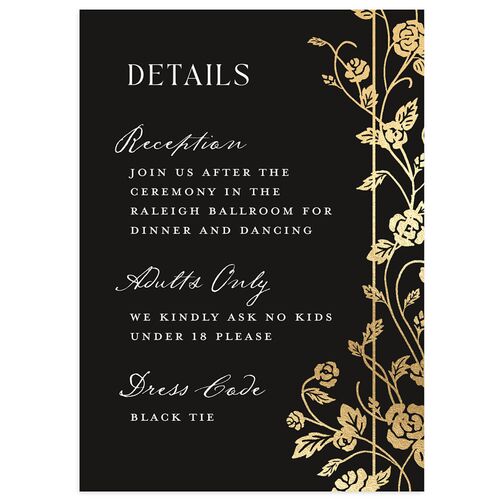 Sword and Roses Fantasy Garden Foil Wedding Event Detail Cards Charcoal Gold Signature Standard