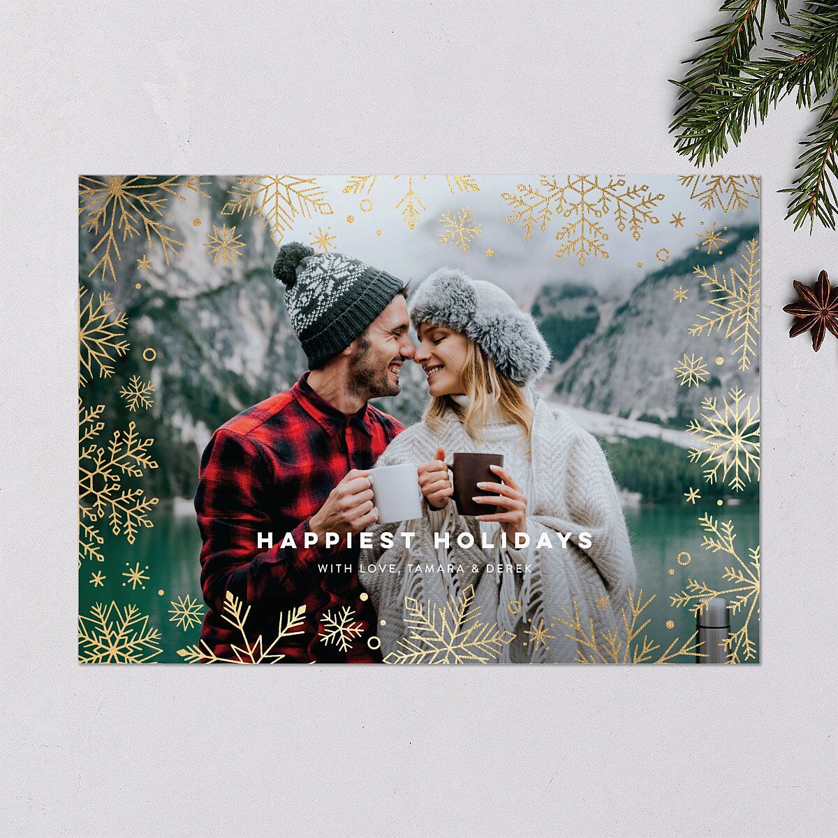 Snowflake Window Holiday Cards Gold Moody Blue Signature Blank Standard Landscape