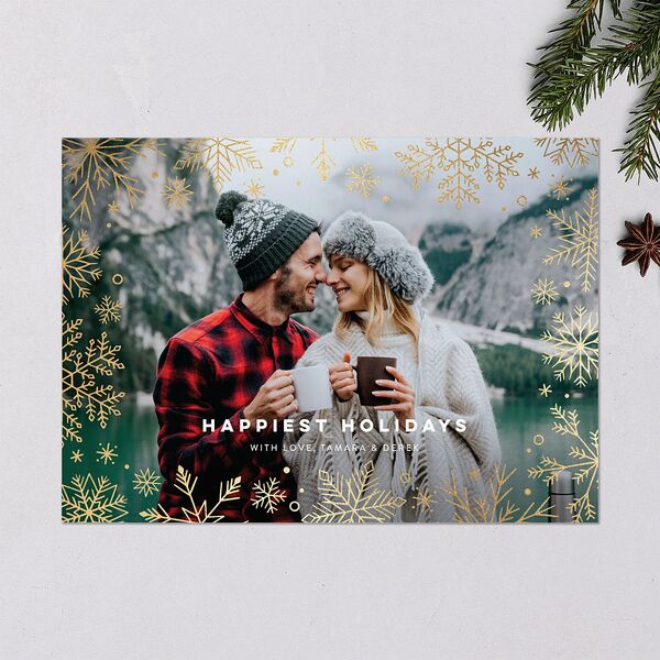 Snowflake Window Holiday Cards Gold Moody Blue Signature Blank Standard Landscape
