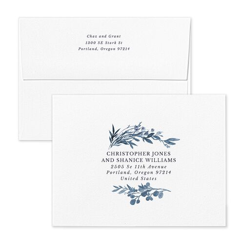 Rustic Hoops Save the Date Magnet Envelopes Moody Blue Standard White Both Recipient and Return Addresses Signature