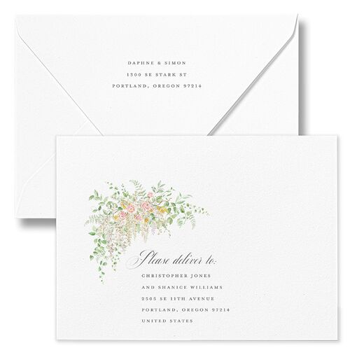 Formal Wisteria Garden Crest Bridal Shower Invitation Euro Envelopes by Bridgerton White Sage Both Recipient and Return Addresses Luxe Signature