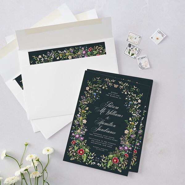 Opulent Garden Foil Wedding Invitations Gold Dark Emerald Signature Blank No Standard