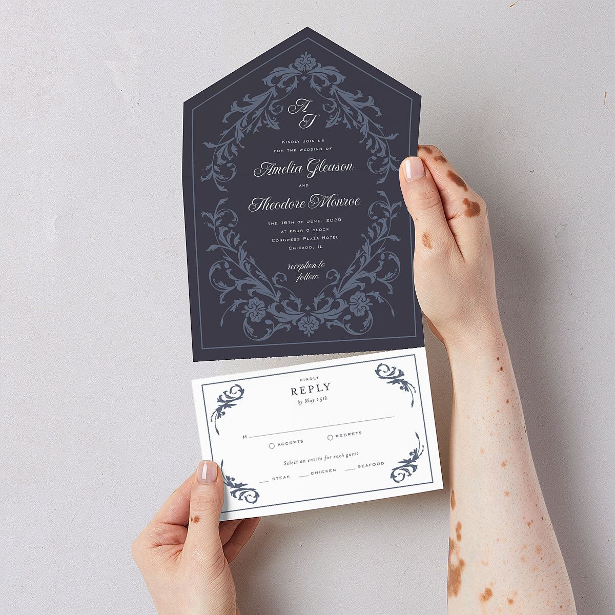 Romantic Vintage Luxury All-in-One Wedding Invitations Moody Blue Signature Light Both Recipient and Return Addresses No