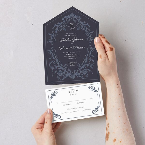 Romantic Vintage Luxury All-in-One Wedding Invitations Moody Blue Signature Light Both Recipient and Return Addresses No