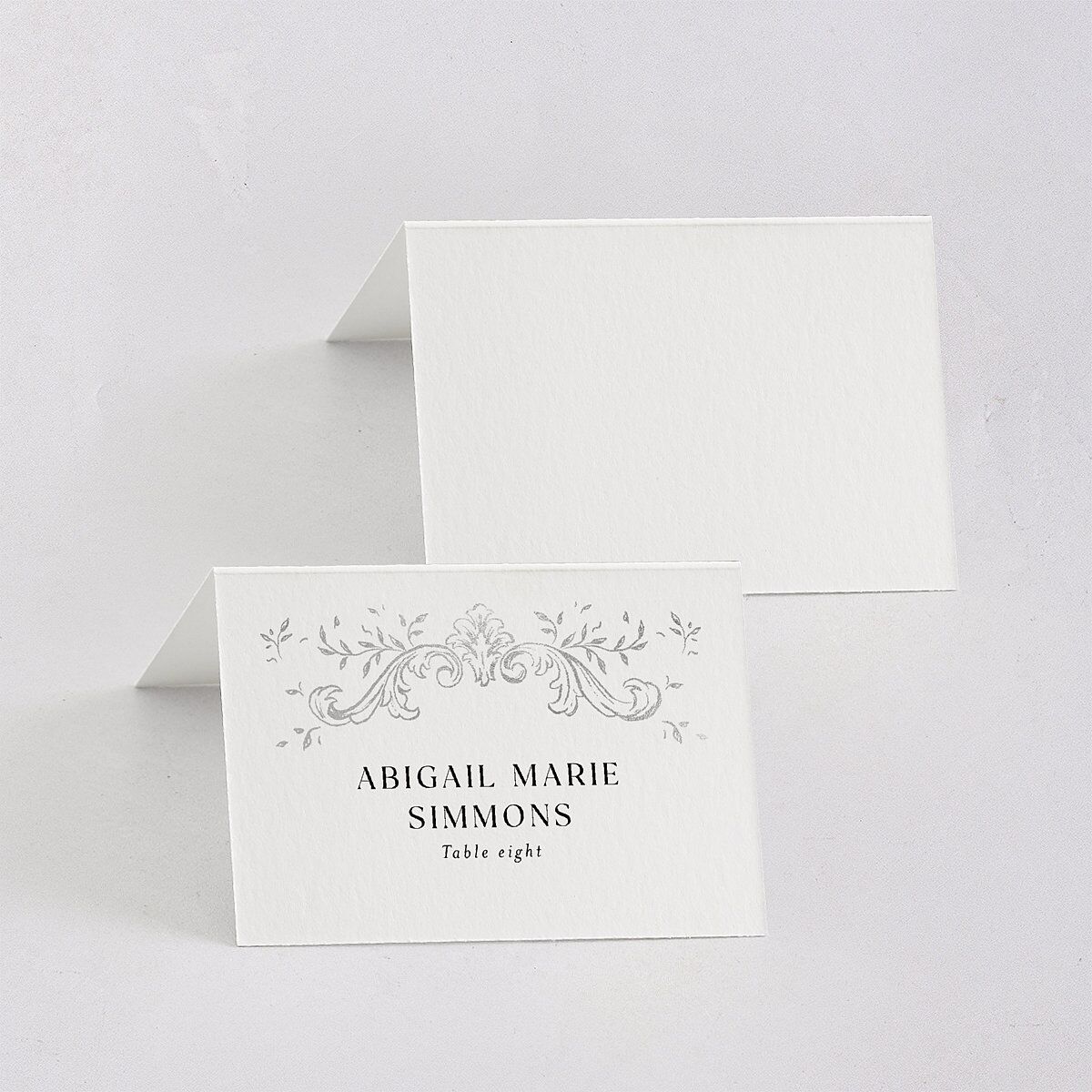 Formal Opulent Frame Foil Place Cards Pure White Silver Signature