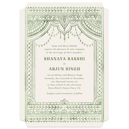 Indian Painted Henna Wedding Invitations Scottish Green Signature Blank No Ticket