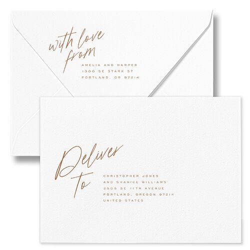 You Are Mine Rehearsal Dinner Invitation Euro Envelopes White Copper Both Recipient and Return Addresses Luxe Signature