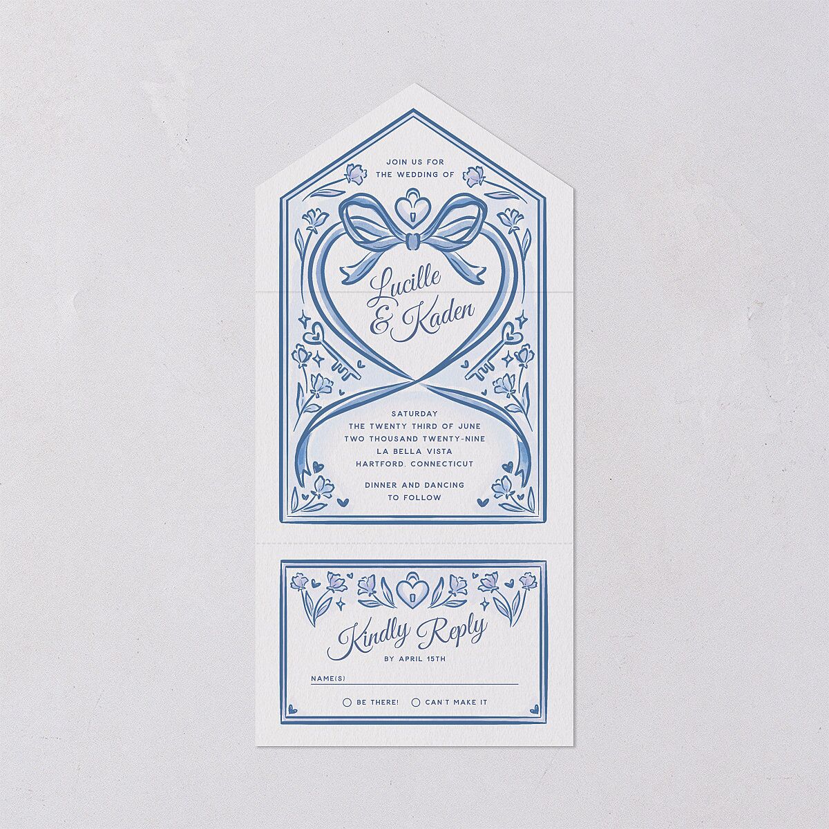 Vintage Heart Locket All-in-One Wedding Invitations Ocean Signature Light Both Recipient and Return Addresses No