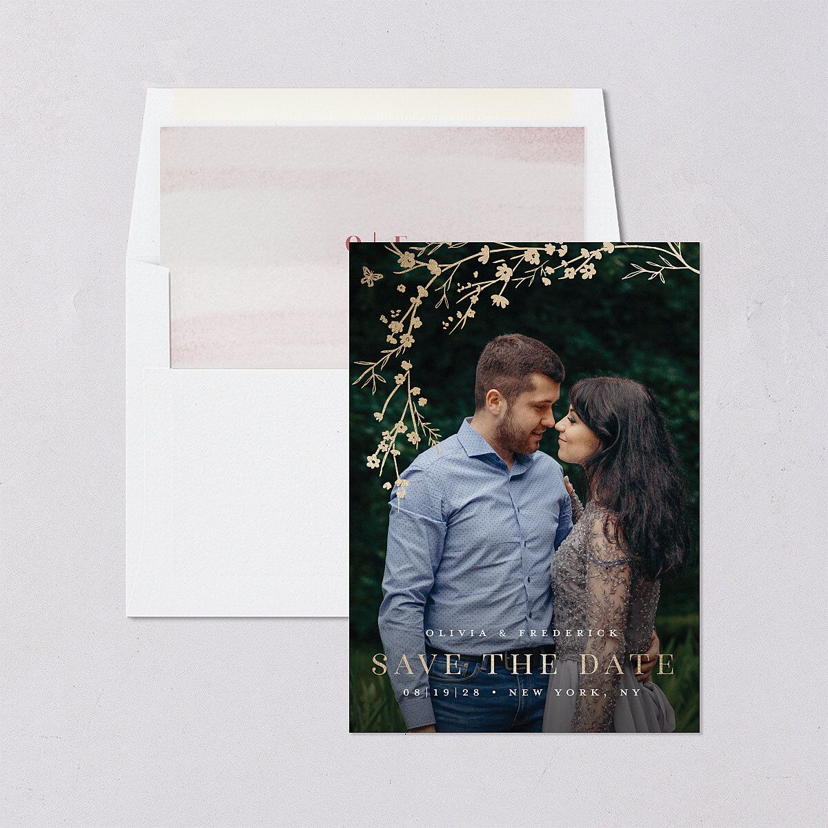Cherry Blossoms Save The Date Cards Gold Soft Pink Signature smooth Blank No Standard