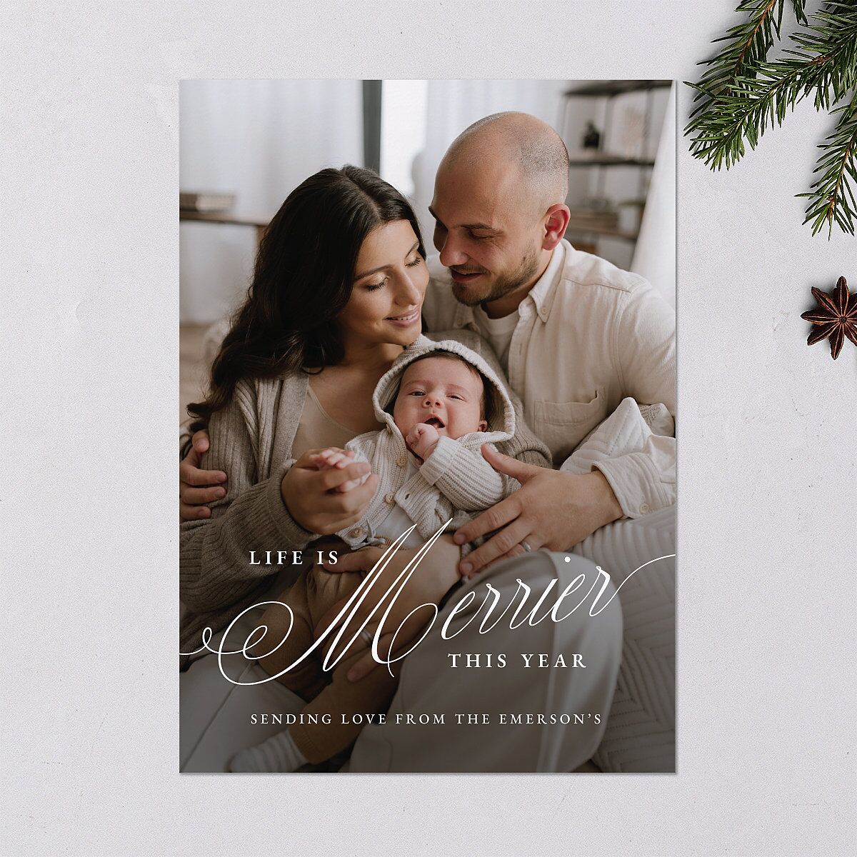 Life is Merrier Calligraphy Photo Holiday Cards Merlot Signature Blank Portrait Standard