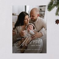 Life is Merrier Calligraphy Photo Holiday Cards Merlot Signature Blank Portrait  Standard