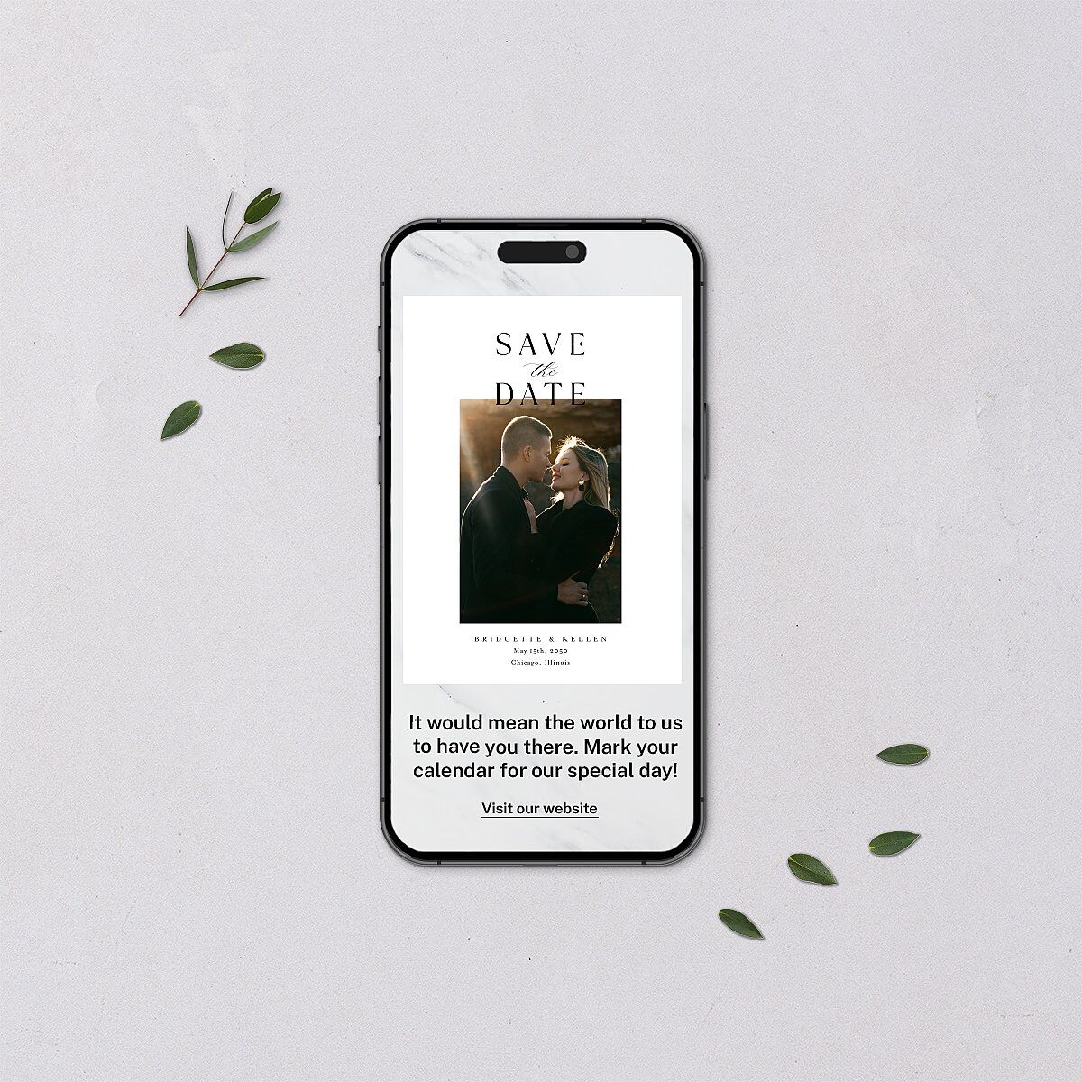 Timeless Typography Digital Save the Date Cards Pure White Dusty Blue Lets Celebrate Standard