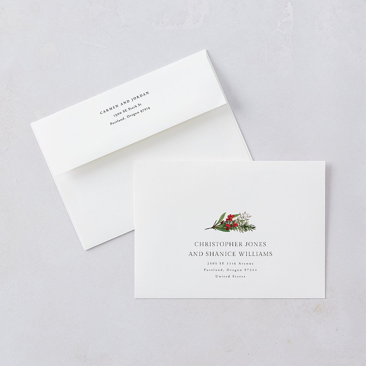 Christmas Poinsettia Rehearsal Dinner Invitation Envelopes White Ruby Both Recipient and Return Addresses Signature Standard