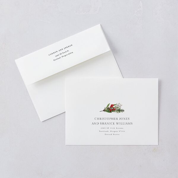 Christmas Poinsettia Rehearsal Dinner Invitation Envelopes White Ruby Both Recipient and Return Addresses Signature Standard