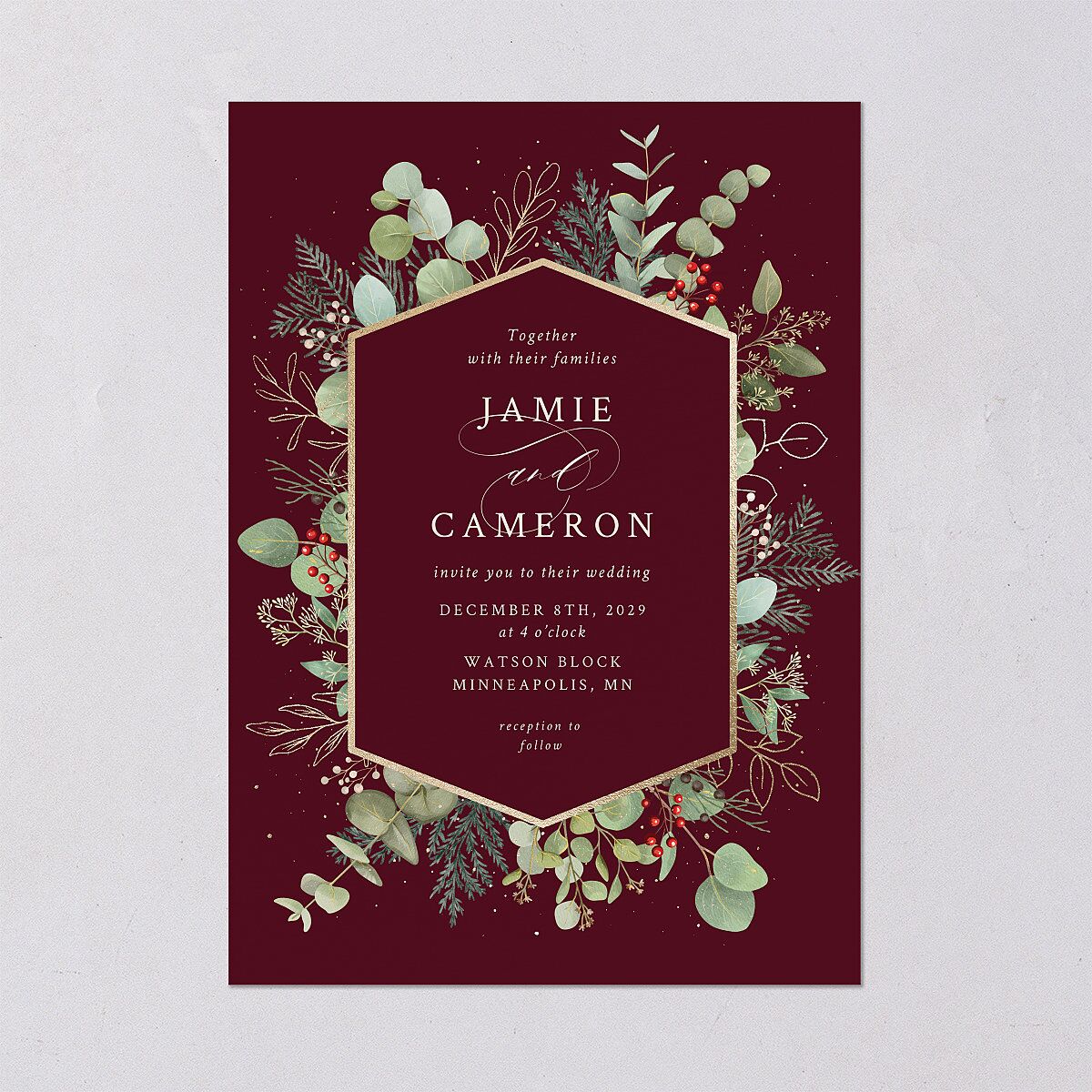 Elegant Eucalyptus Christmas Foil Wedding Invitations Gold Burgundy Signature Blank No Standard