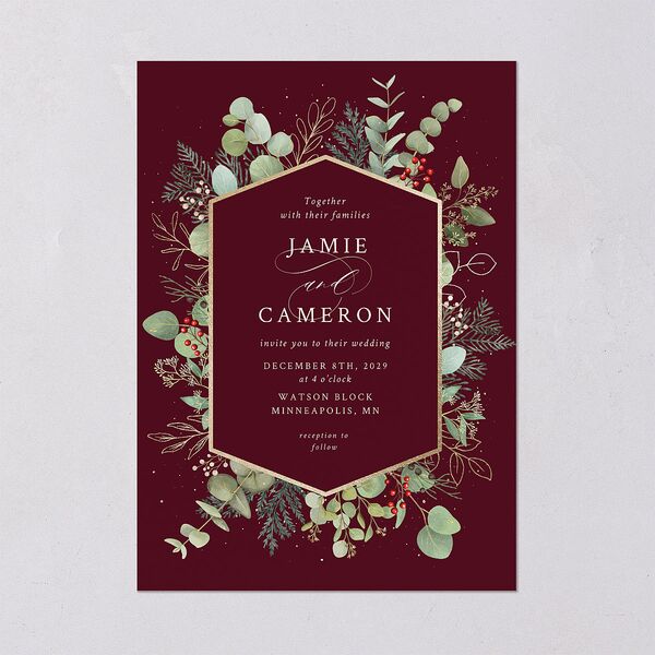 Elegant Eucalyptus Christmas Foil Wedding Invitations Gold Burgundy Signature Blank No Standard