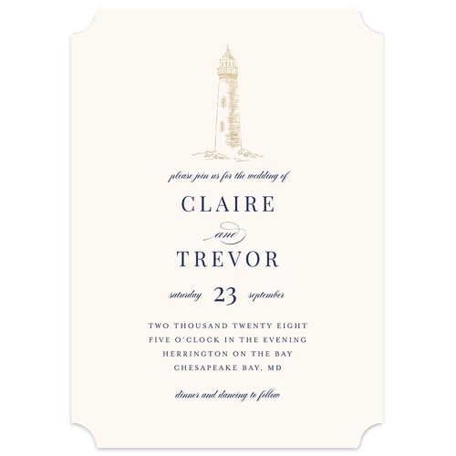 Elegant Lighthouse Foil Wedding Invitations Gold Maritime Signature Blank No Ticket