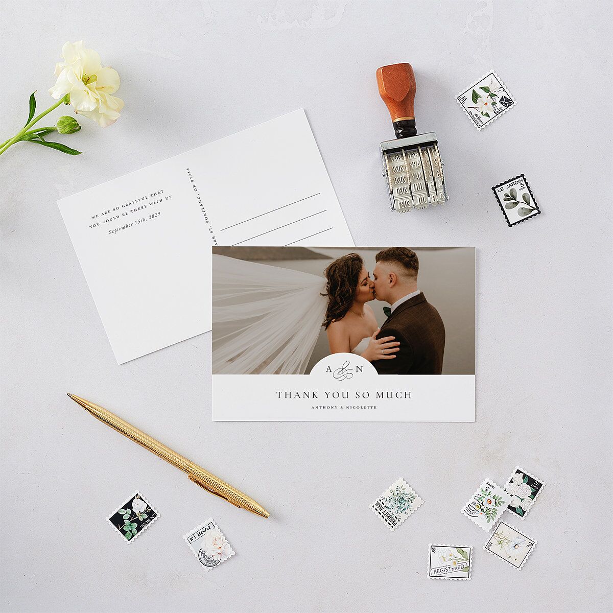 Elegant Photo Monogram Thank You Postcards Pure White
