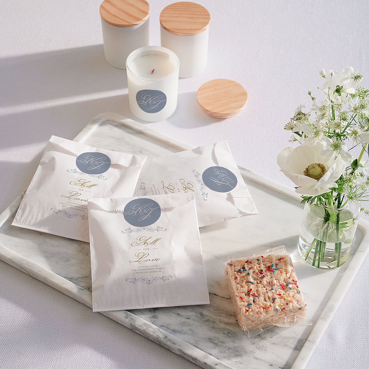 Romantic Rococo Favor Bags White Dusty Blue Wax-Lined Food Safe Paper