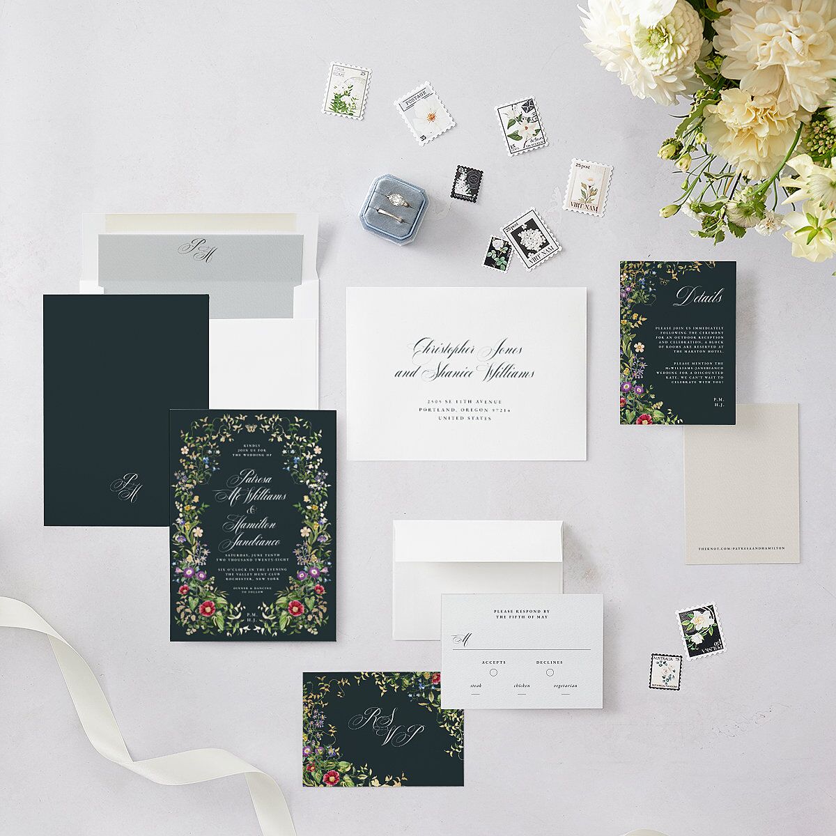 Opulent Garden Foil Wedding Invitations Gold Dark Emerald Signature Blank No Standard