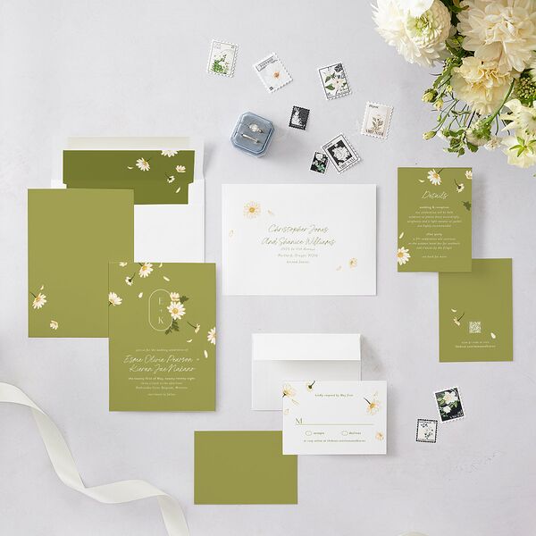 Monogram Daisies Wedding Invitations Olive Signature Blank No Standard