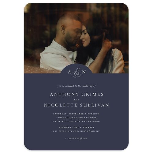 Elegant Photo Monogram Wedding Invitations Navy Signature Blank No Rounded
