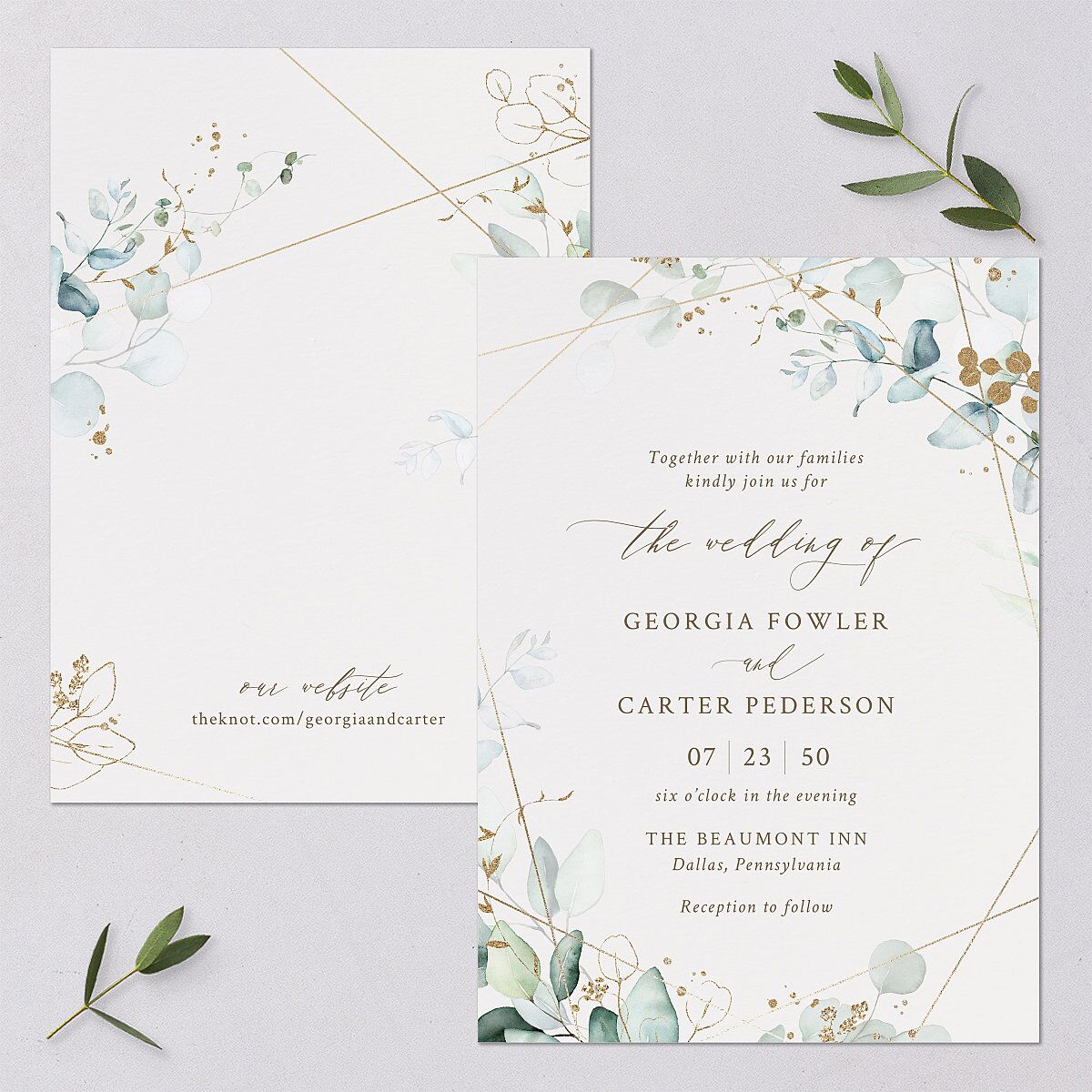 Ethereal Greenery and Gold Wedding Invitations Pure White Signature Blank No Standard