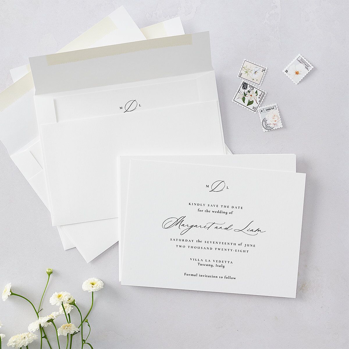 Black Tie Initial Save The Date Cards Pure White Signature smooth Blank No Standard