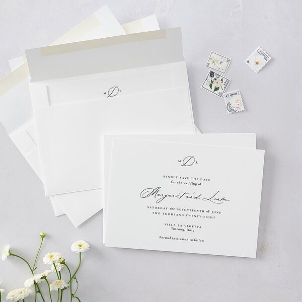 Black Tie Initial Save The Date Cards Pure White Signature smooth Blank No Standard