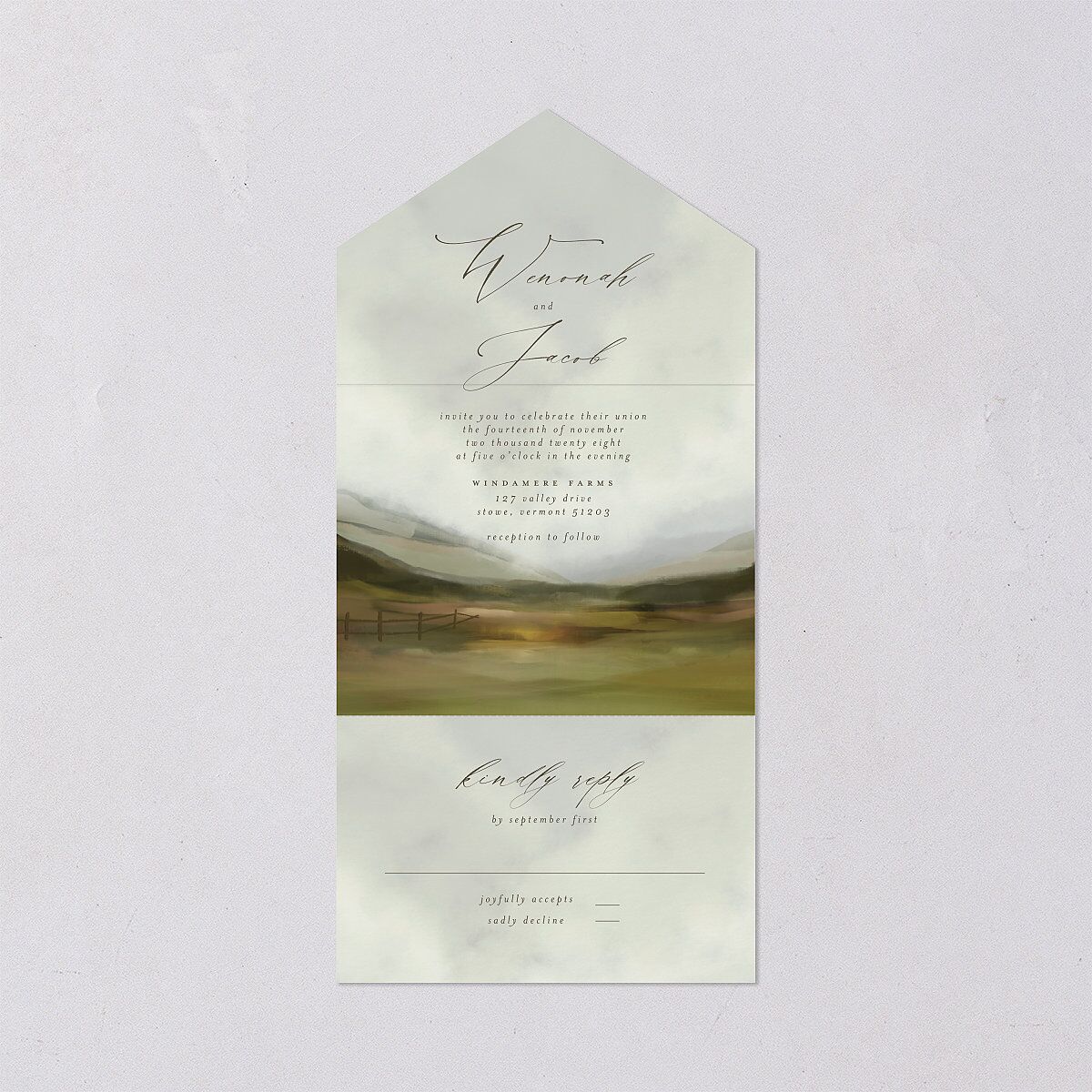 Western Valley All-in-One Wedding Invitations Sage Signature Light Both Recipient and Return Addresses No