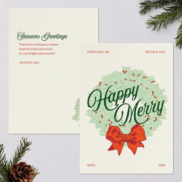 Vintage Holiday Wreath Holiday Cards Hunter Green Signature Blank Standard