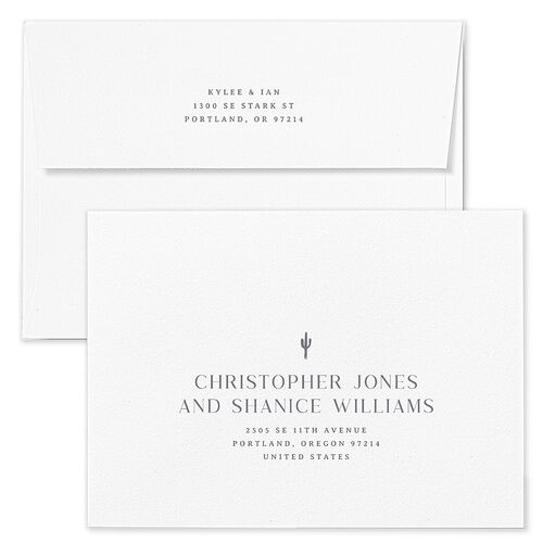 Western Desert Cactus Save The Date Card Envelopes Dusty Blue White Both Recipient and Return Addresses Signature Standard